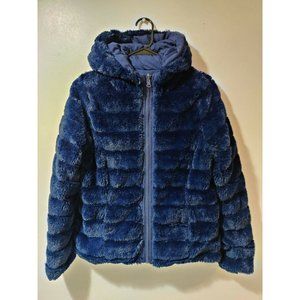 Blue Reversible Faux Fur Jacket Sz M Be Boundless Quilted Hooded Puffer Coat
